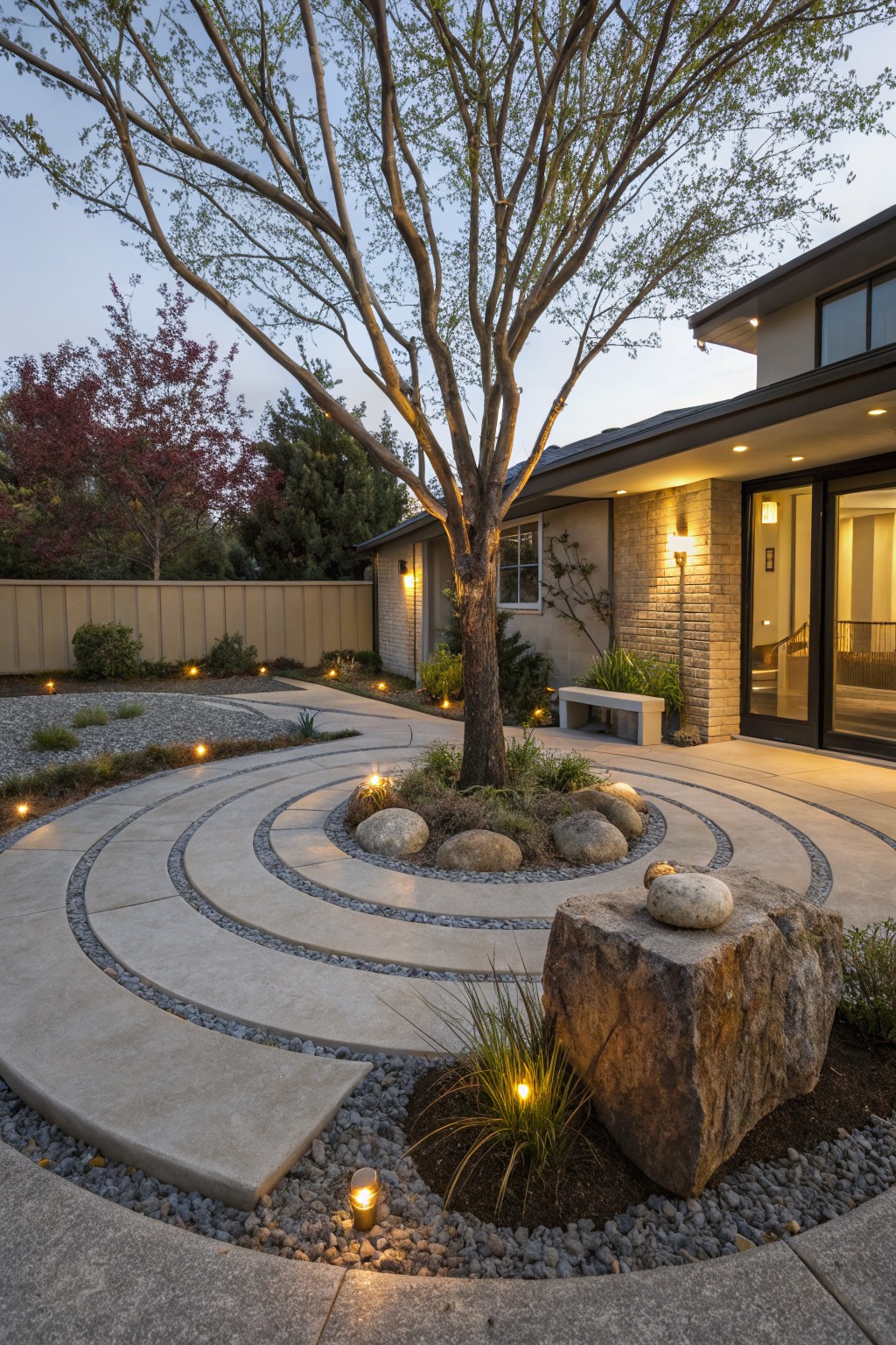 Backyard with a spiral concrete pathway of concentric circles around a central tree, featuring large boulders, gravel, grasses, and low-voltage path lights, adjacent to a modern house with sliding glass doors at dusk.