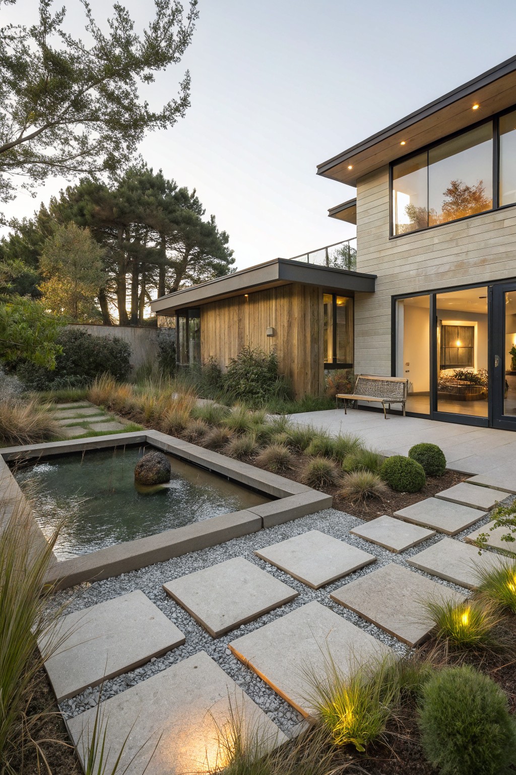 Modern house exterior with sliding glass doors opening to a concrete patio and bench, foreground shows a rectangular water basin containing a large rock surrounded by gravel, ornamental grasses, and large square concrete stepping stones set in the gravel.
