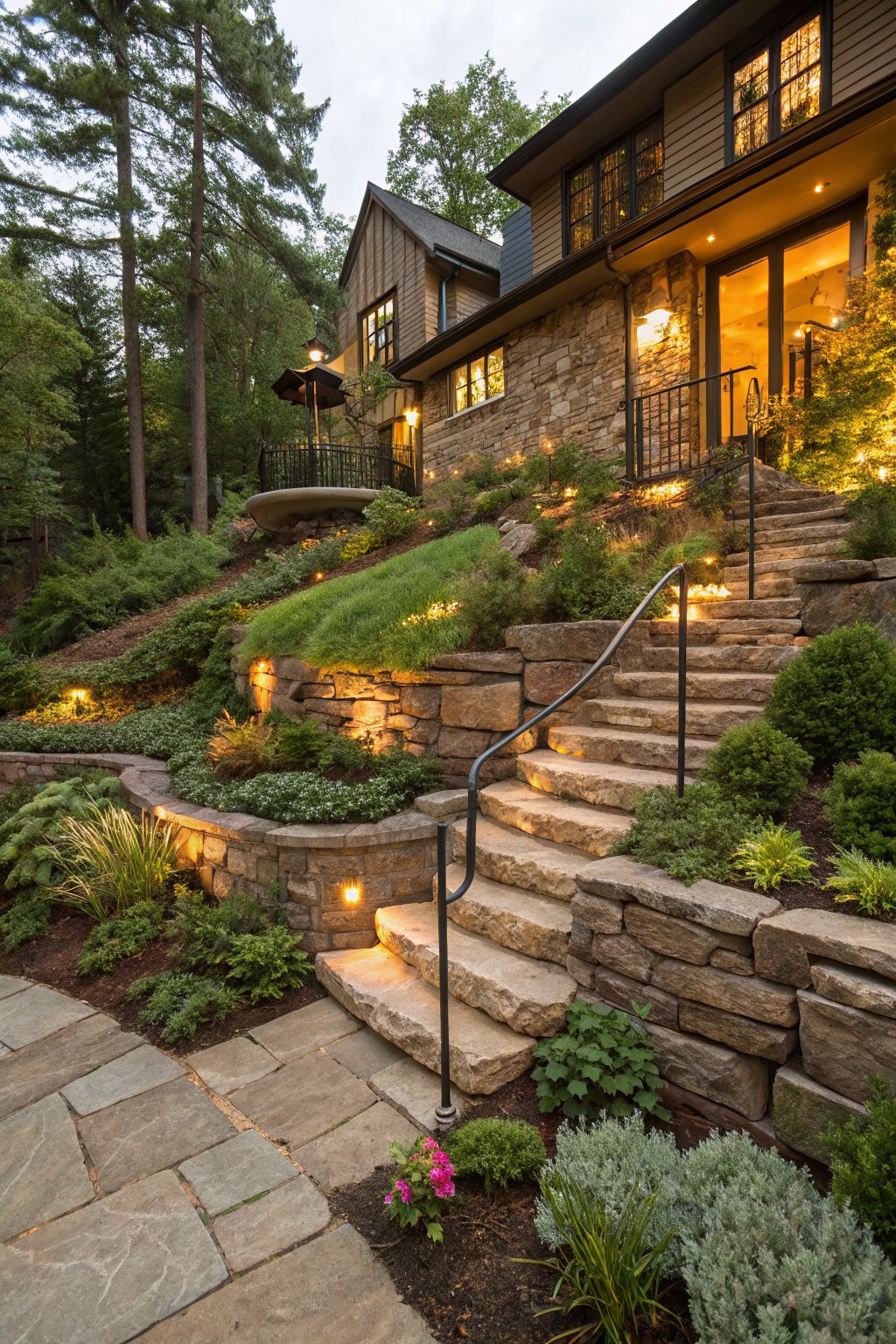 Dusk view of a shingled house on a wooded slope with curved flagstone steps, black metal railings, tiered stone retaining walls planted with greenery, and low pathway lights leading to the entry.