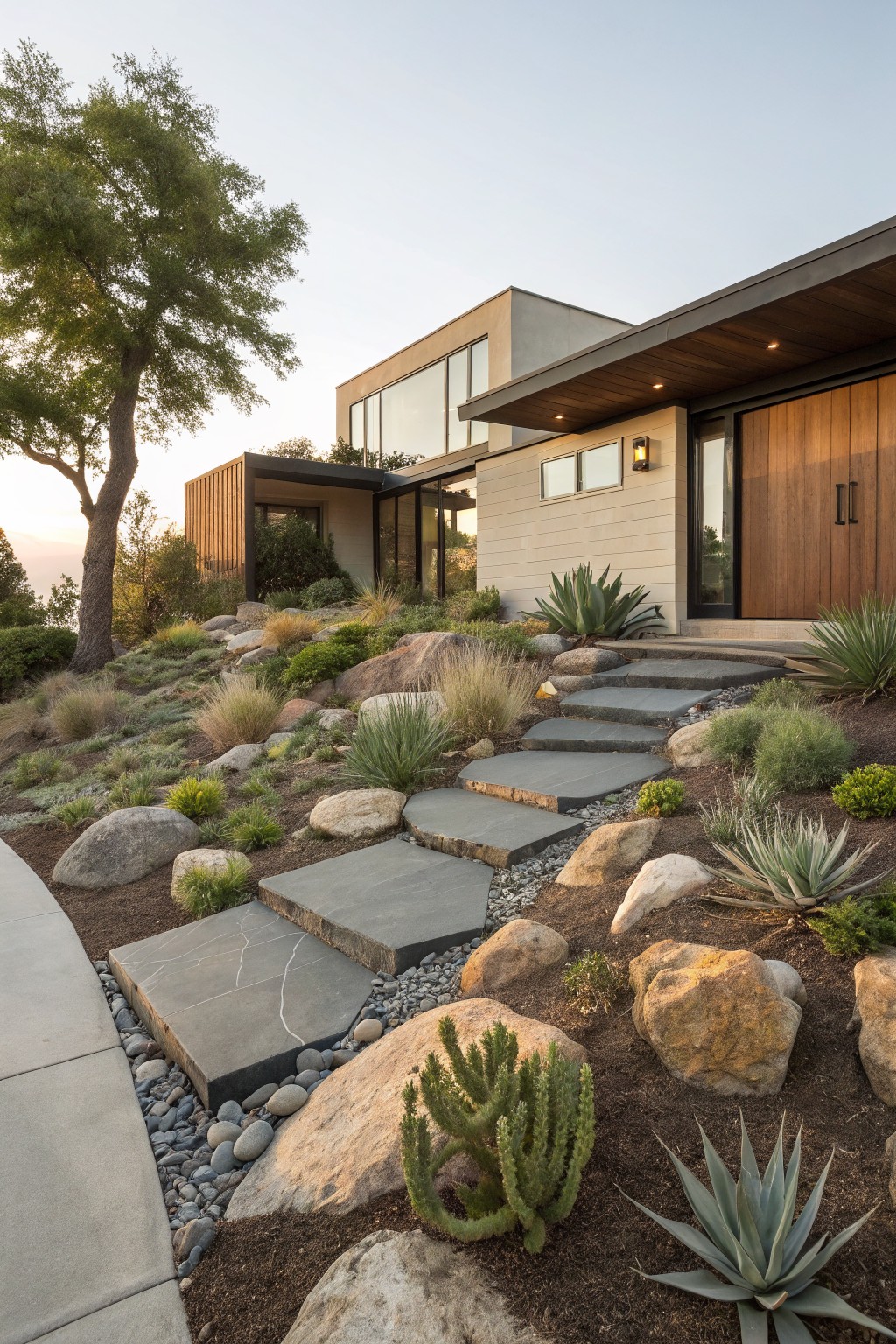 Modern house exterior in beige stucco and wood with a pathway of irregular dark gray stone steps ascending through large boulders, gravel, grasses, and succulents including agave and prickly pear cactus toward a wooden front door.