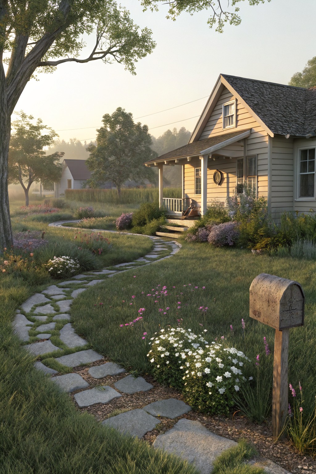 A curving flagstone path winds through a grassy front yard with flower beds, shrubs, and trees leading to a beige clapboard house with a porch, in soft morning light.