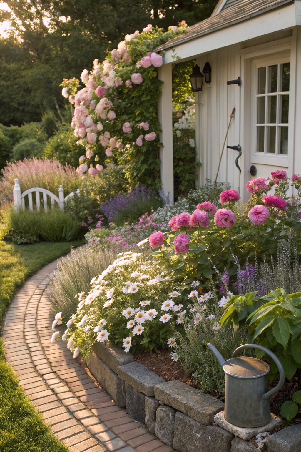 A curved red brick path winds through lush garden beds filled with pink peony bushes, white shasta daisies, lavender, and climbing pink roses on a white wooden shed, edged by a low stone retaining wall and a metal watering can.