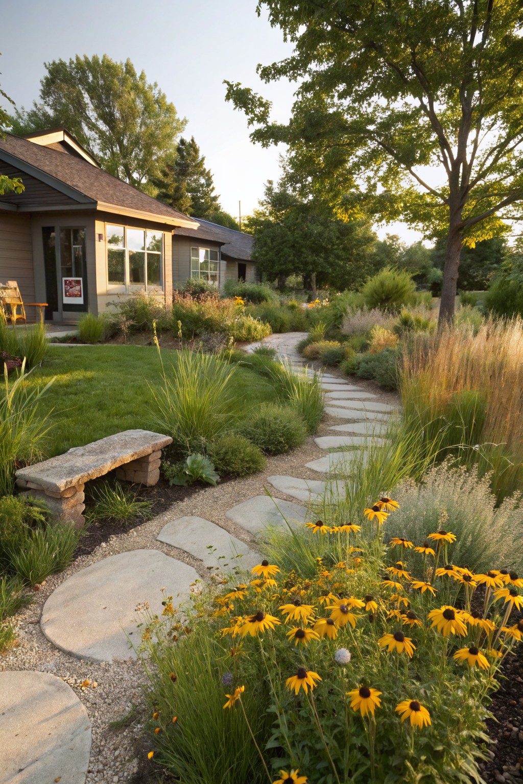 Curved pathway of large irregular stone pavers winding through front yard beds of tall ornamental grasses, yellow black-eyed Susans, and other perennials, with a stone bench beside the path near a house entrance.