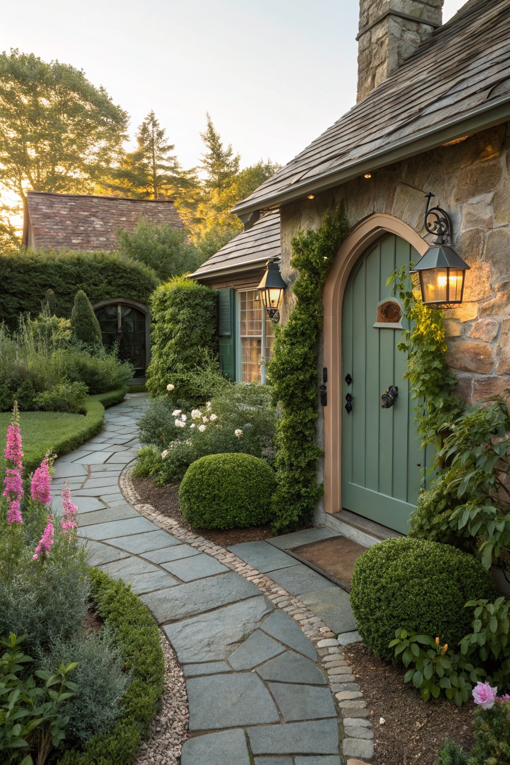 A curved flagstone path edged with boxwood shrubs, pink foxgloves, and other plants leads through a garden to a green arched door on a stone house wall, with lanterns and greenery nearby at dusk.