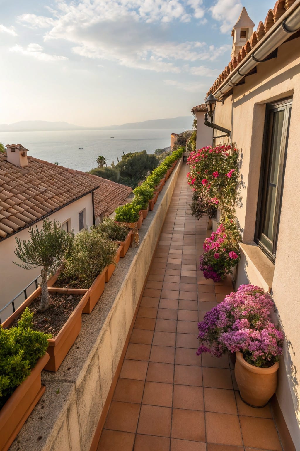 Narrow balcony walkway edged with terracotta pots filled with olive trees, shrubs, and pink flowers, alongside stucco walls and overlooking the sea with distant boats and tiled roofs.