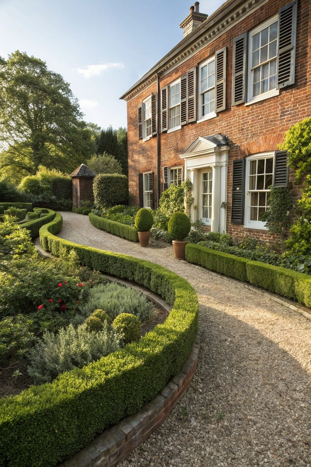 Red brick house with white sash windows, dark green shutters, and a white front door, approached by a curving gravel path bordered by low clipped boxwood hedges and topiary shrubs amid formal garden plantings.