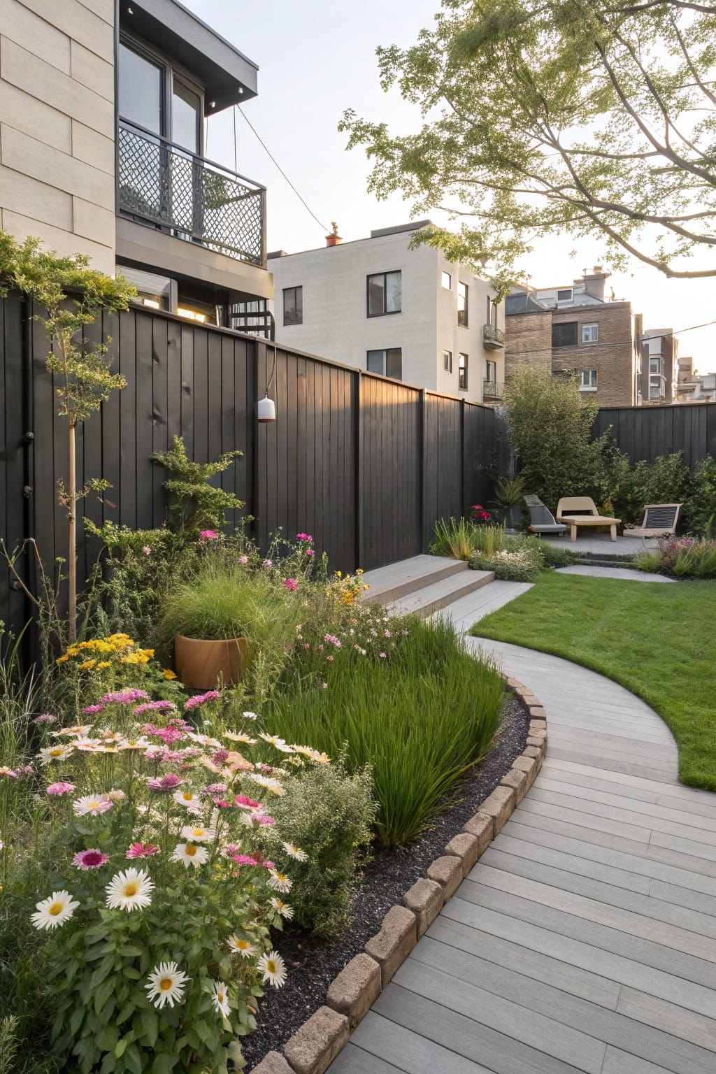 Backyard garden with curved gray composite deck path edged by brick and gravel-mulched flower beds containing daisies, grasses, and perennials, adjacent to a lawn, steps to a seating area, black wooden fence, and modern house.