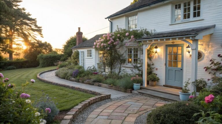 White cottage house with blue front door, climbing roses on walls, lantern lights by entry, winding paved path edged by low red brick walls and planted garden beds with flowers and shrubs at sunset.