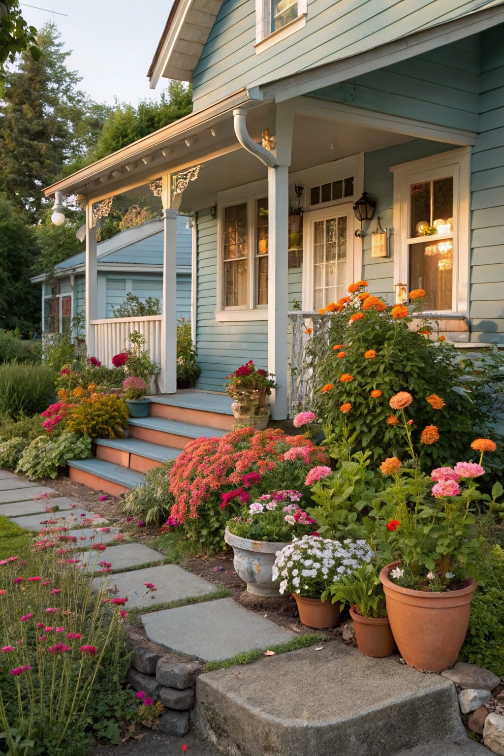 Light blue clapboard house with covered porch and orange steps, bordered by stone pathway edged with dense pink, orange, and red flowers in beds and clay pots.