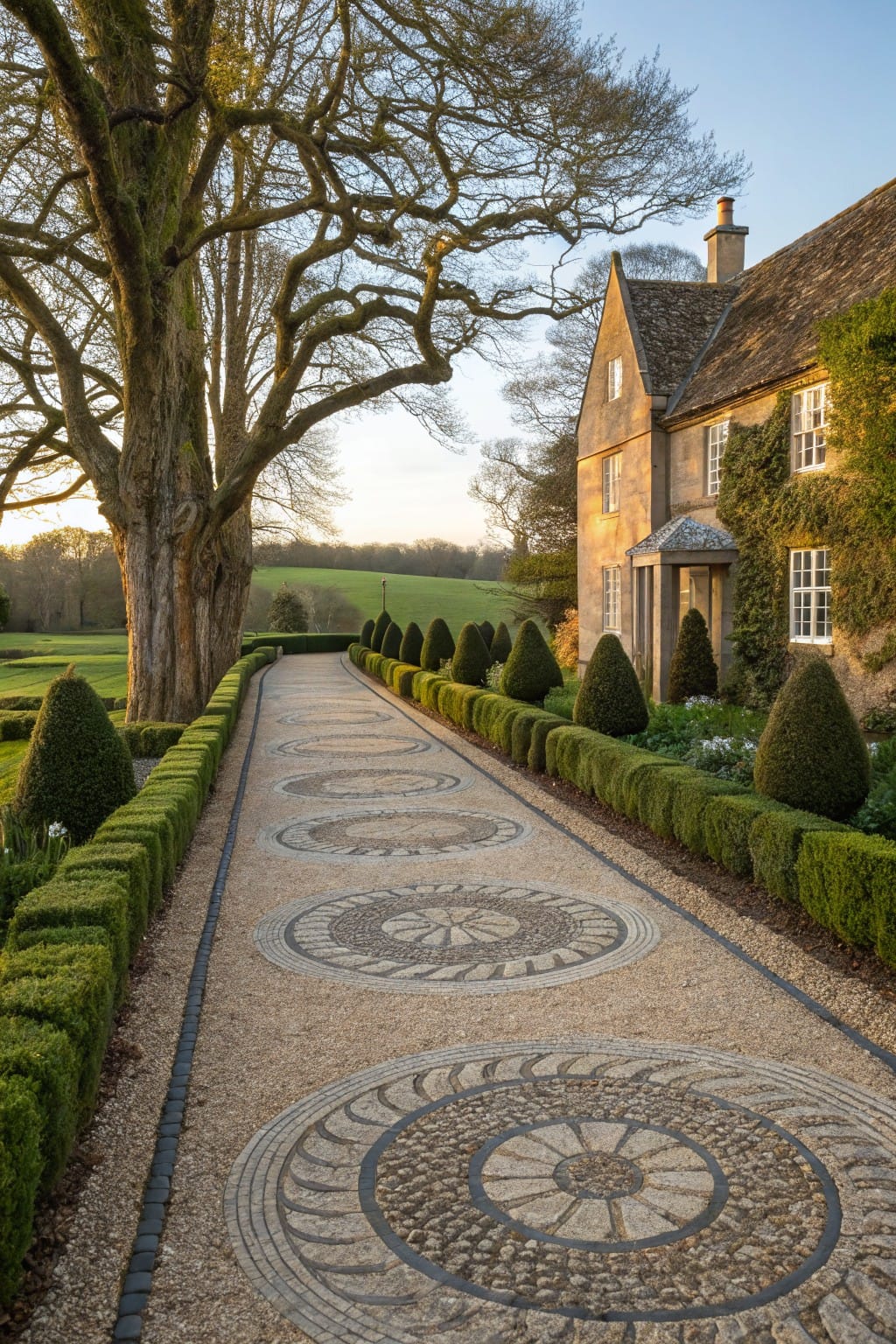 Gravel garden path with multiple circular mosaic designs made of pebbles and stone, bordered by clipped boxwood hedges, leading to a stone cottage house.