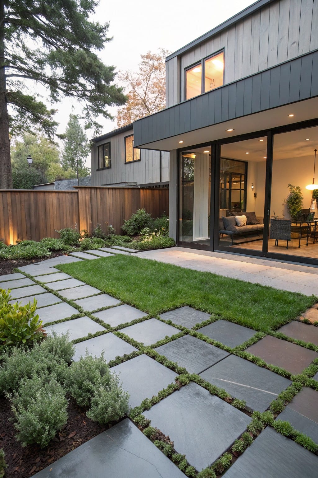 Backyard patio with large dark rectangular stone pavers arranged in a grid pattern separated by strips of grass and low-growing plants, next to a modern house with black-framed glass sliding doors and wooden fencing.