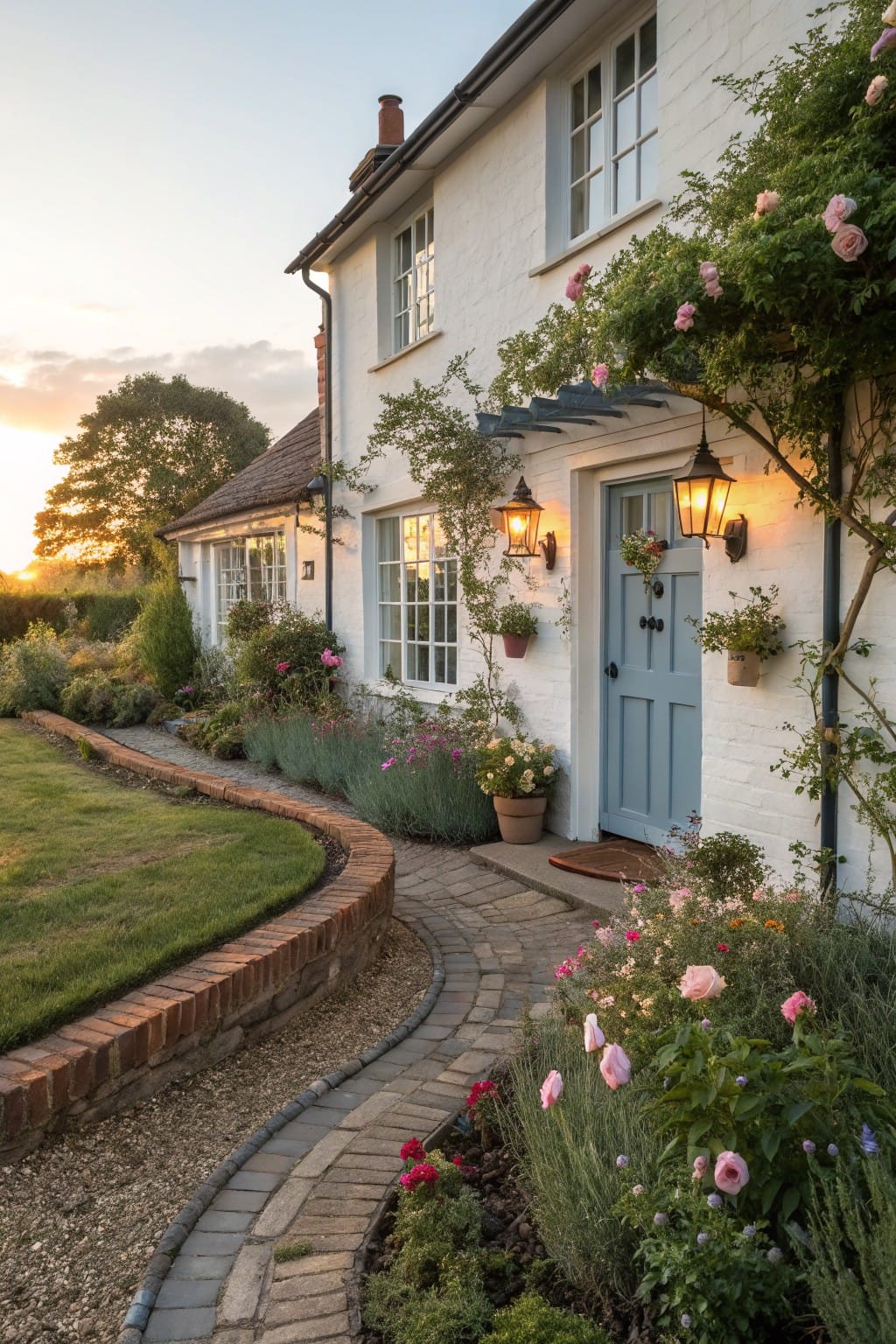 White cottage house with blue front door, climbing roses on walls, lantern lights by entry, winding paved path edged by low red brick walls and planted garden beds with flowers and shrubs at sunset.