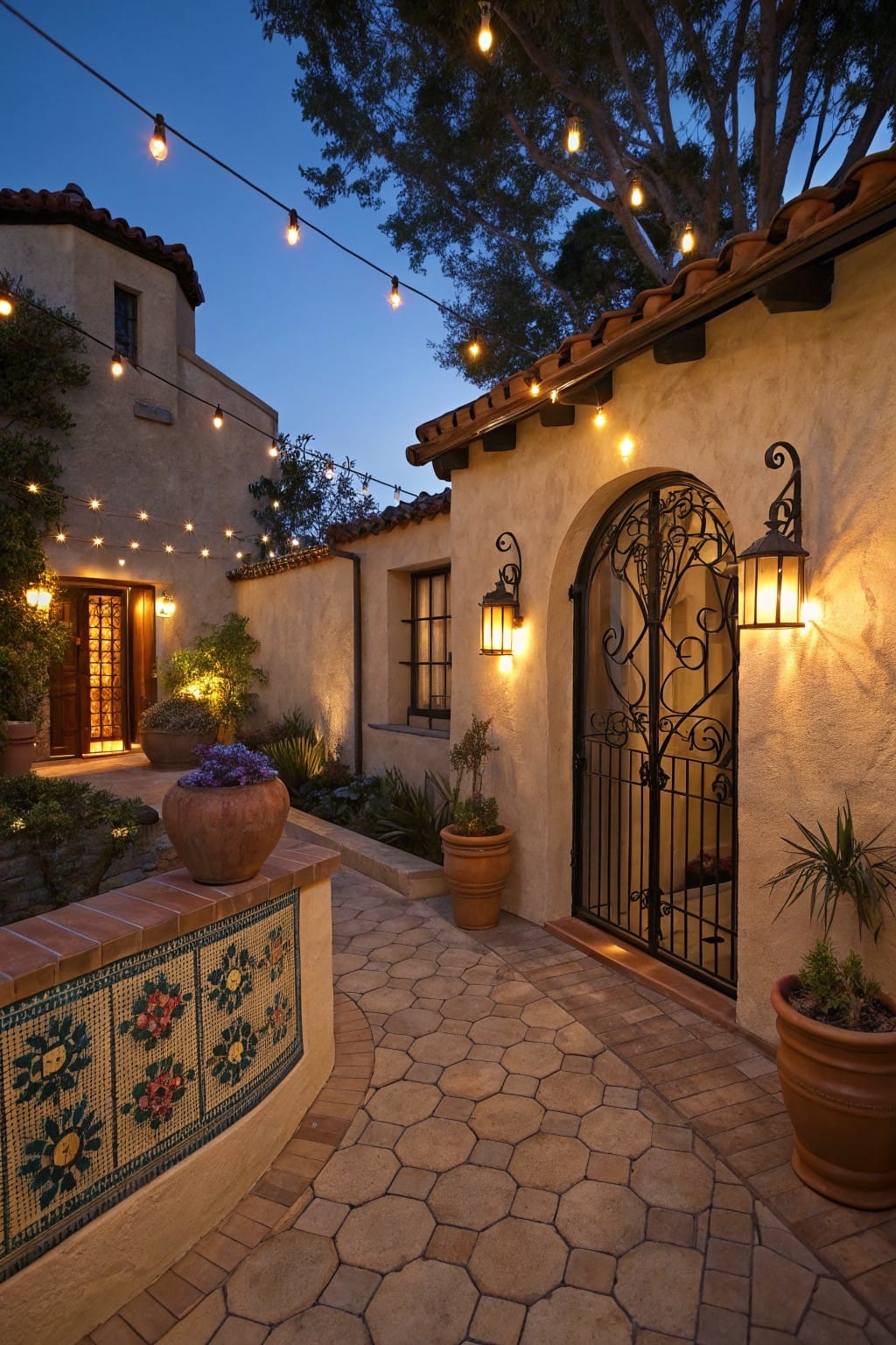 Adobe courtyard at dusk with arched wrought-iron gate, overhead string lights, terracotta pots with plants, low stucco wall inset with blue and multicolored floral mosaic tiles along a hexagonal stone pathway, and potted greenery.