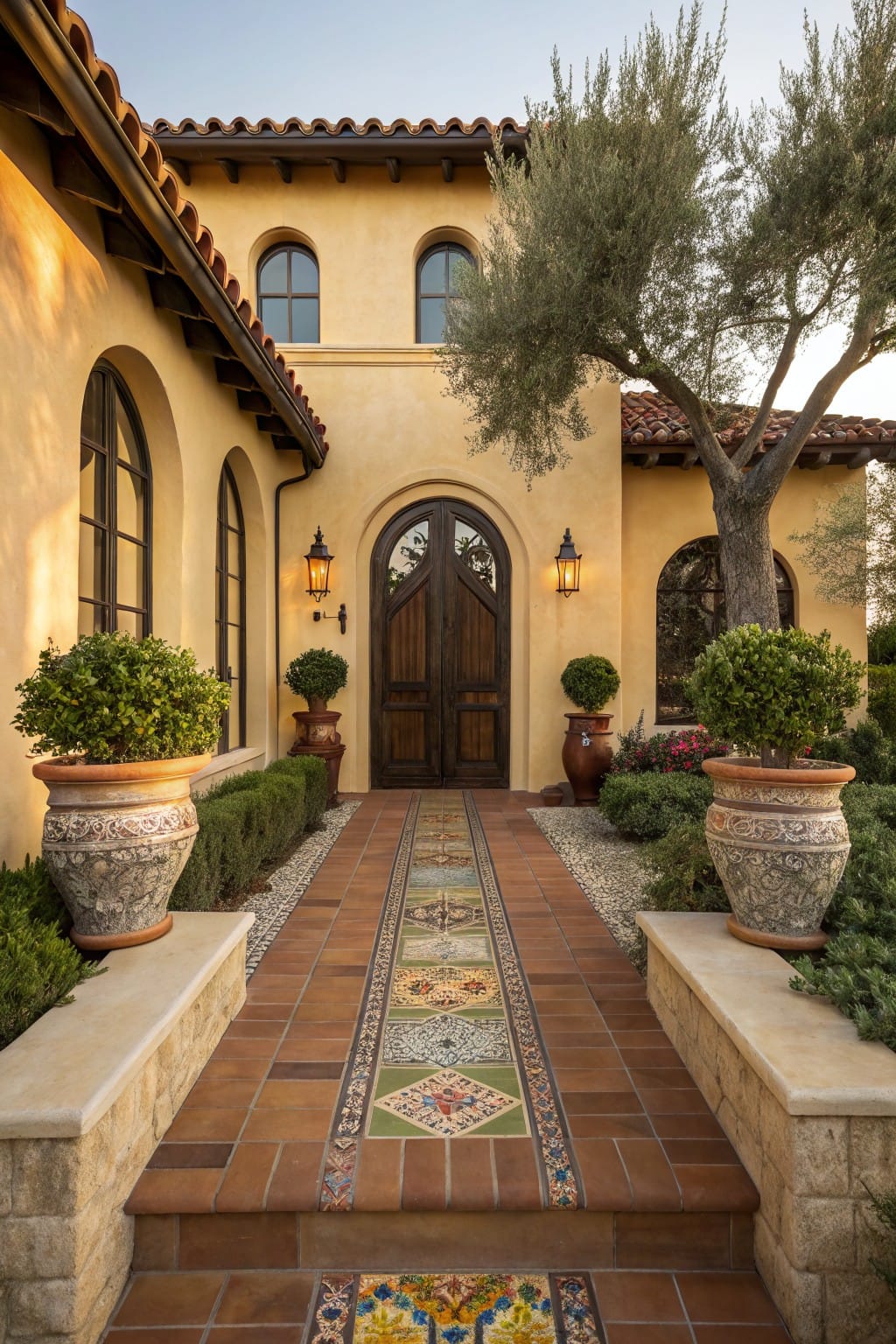 Spanish-style yellow stucco house exterior with arched wooden entry door, terracotta tiled walkway featuring central colorful mosaic tile runner, flanked by stone walls, potted plants, boxwood hedges, and olive trees.