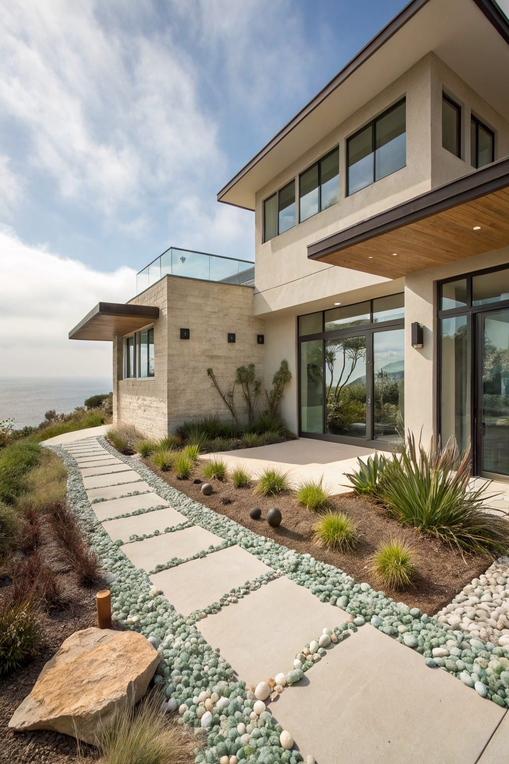 Modern beige stucco house on a hillside overlooking the ocean, with a pathway of large concrete pavers separated by green pebbles and bordered by grasses, succulents, and rocks.
