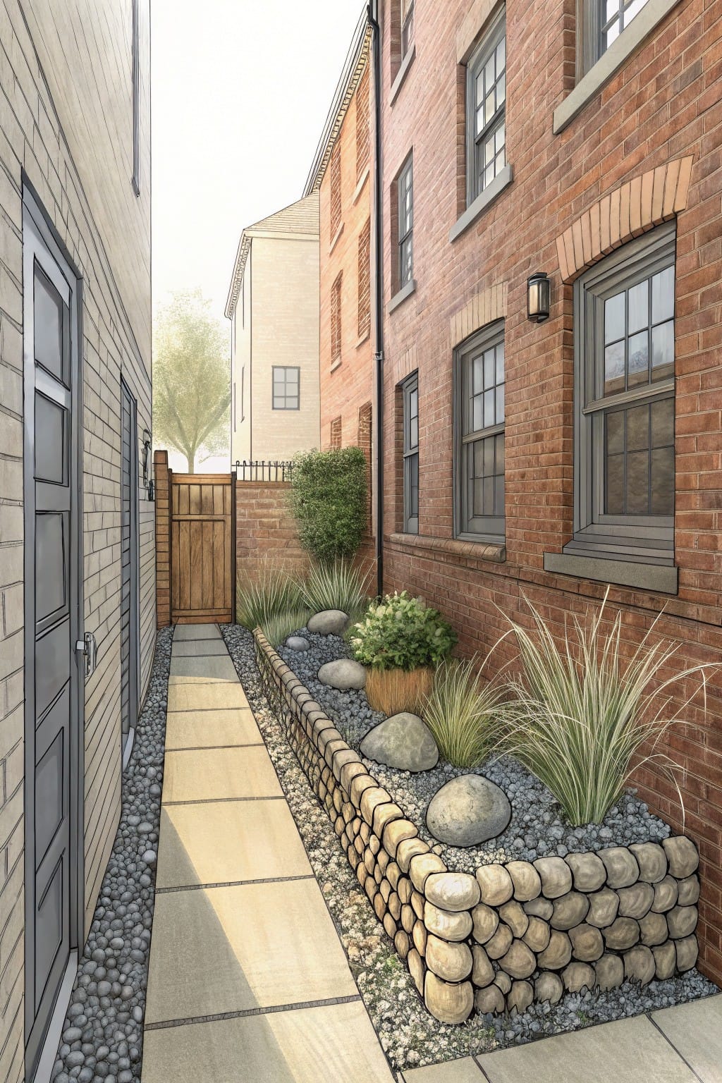 Narrow stone-paved walkway between brick and light walls, edged by a low dry-stacked pebble wall garden bed with grasses, bushes, rocks, and a terracotta pot.