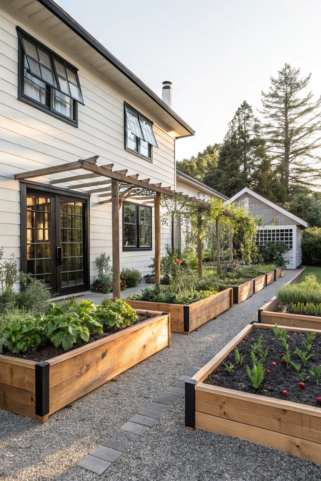 Side view of a light beige house with black-framed windows and French doors under a wooden pergola, multiple rectangular wooden raised garden beds with black metal corners along a gravel path edged in brick pavers, various plants growing in the beds, and trees and shrubs in the background.