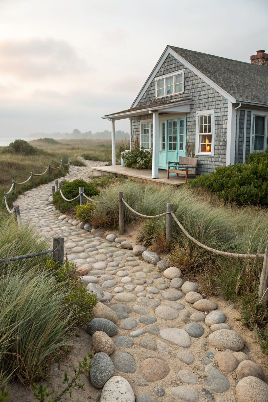 Gray shingle-style coastal cottage with porch, turquoise French doors, and bench, approached by a winding path of smooth pebbles bordered by rope on wooden posts amid beach grass and low shrubs.