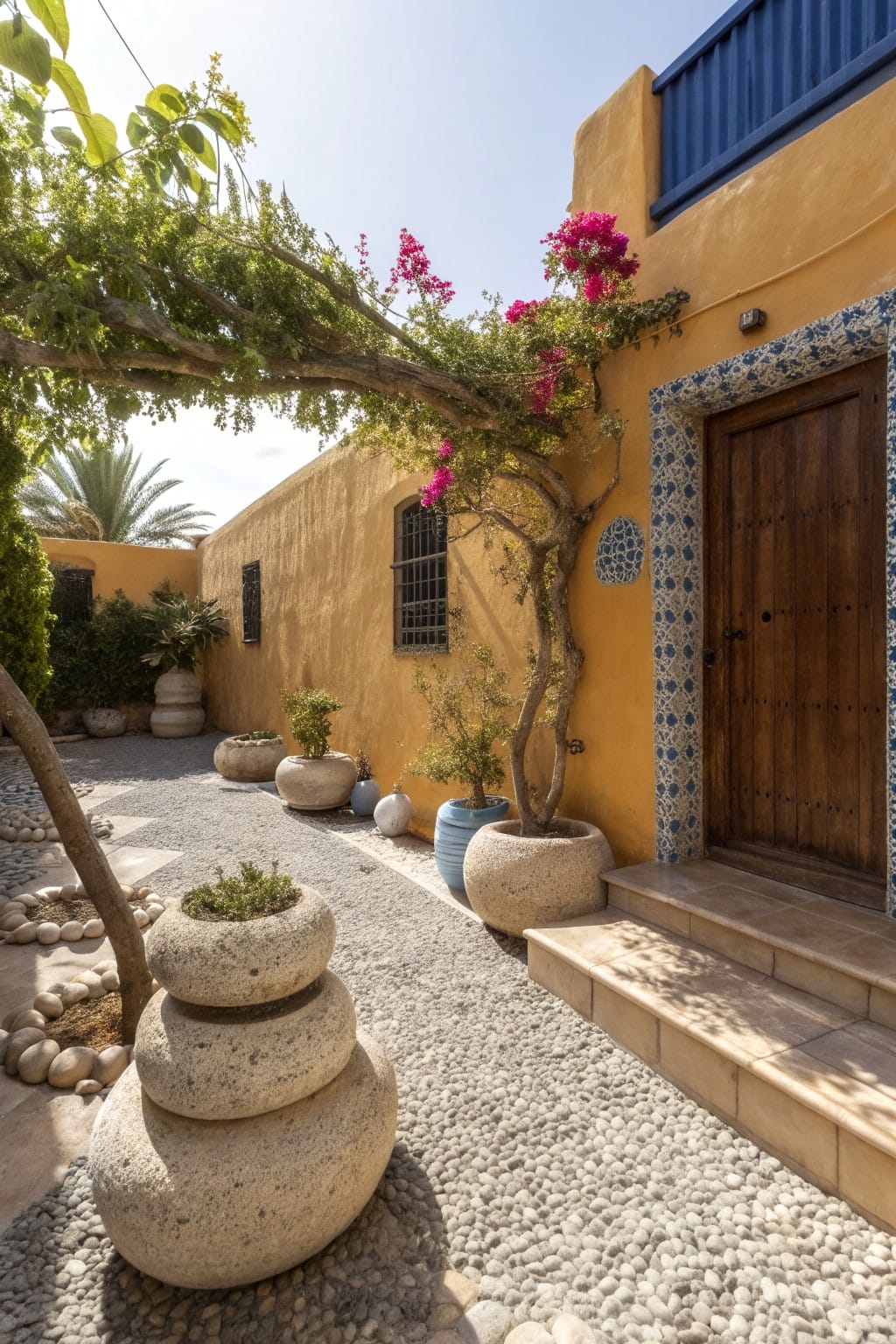Gravel pathway in a courtyard edged with stacked spherical stone planters and pebble borders, surrounded by potted plants, bougainvillea vines, and a yellow wall with a blue-trimmed wooden door.