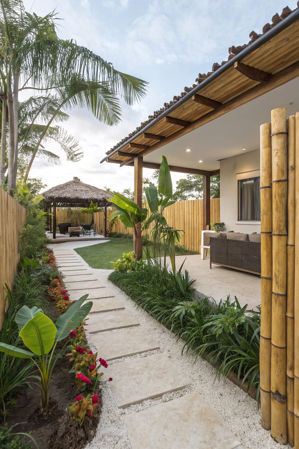 Backyard stone paver walkway set in white gravel and bordered by tropical plants including red flowers, banana leaves, and grasses, next to a covered patio and thatched gazebo with bamboo fencing.