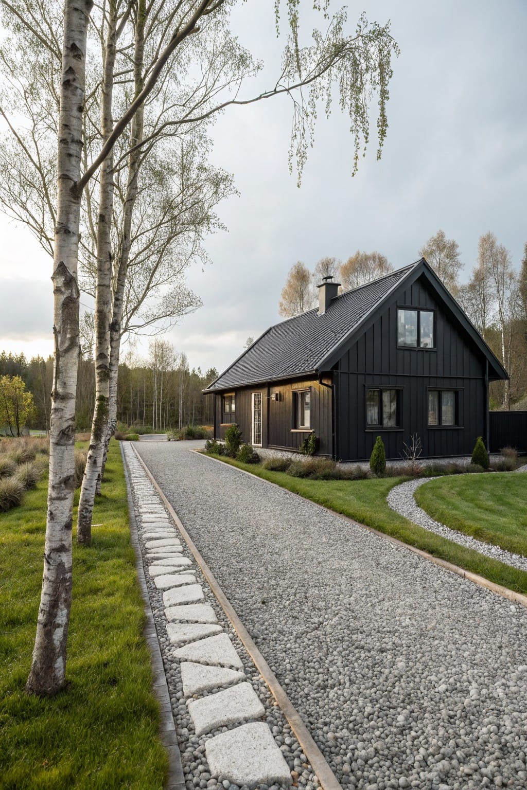 Black wooden house with gabled roof and chimney beside a straight gravel driveway edged by large rectangular stone slabs on the grass side, lined with birch trees and shrubs.