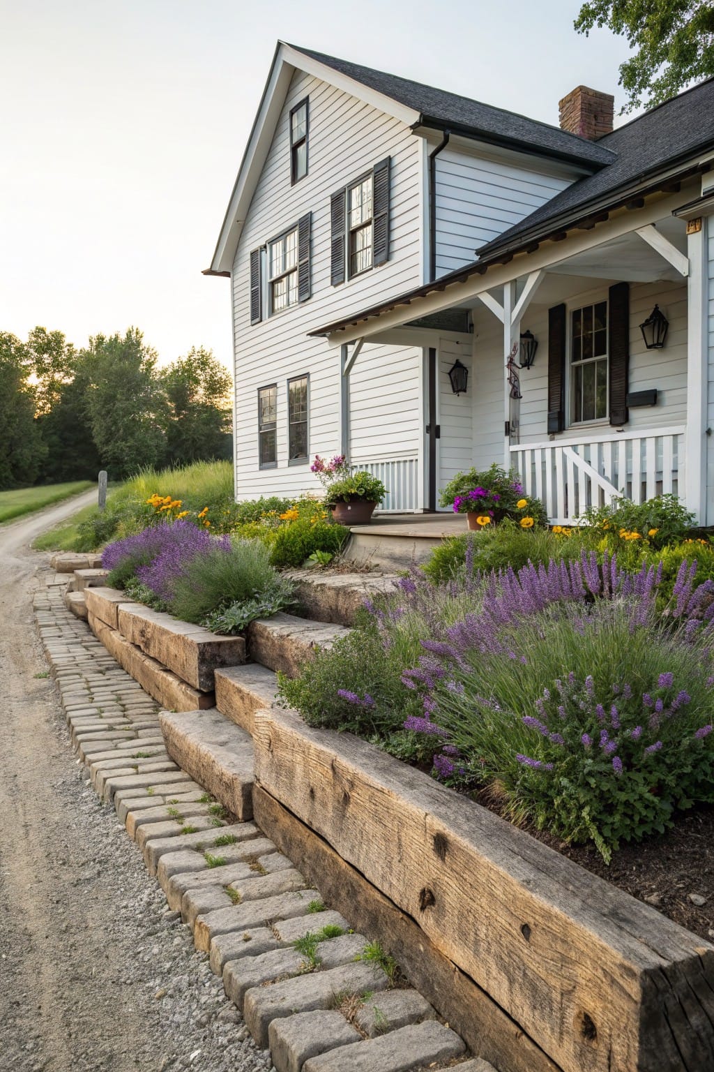 White clapboard house with wraparound porch and black shutters, next to a gravel driveway edged by stacked wooden timber retaining walls filled with purple lavender plants and steps leading to the entry.