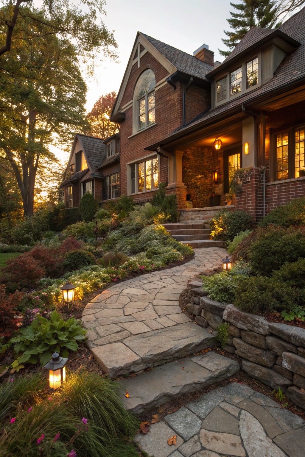 Brick Arts and Crafts style house with gabled roofs and covered porch, fronted by a winding flagstone path through terraced garden beds with shrubs, perennials, stone walls, and lanterns.