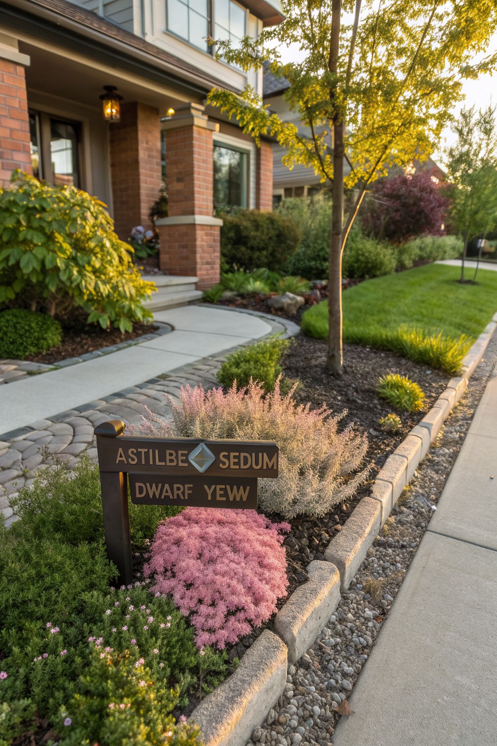 Wooden sign labeling Astilbe, Sedum, and Dwarf Yew in a front yard garden bed with pink sedum flowers, green shrubs, stone edging, and a curved concrete walkway leading to a house porch.