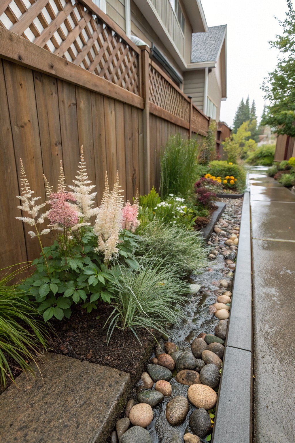 Garden bed featuring clusters of pink and white astilbe flowers, ornamental grasses, and low plants along a concrete-edged path filled with river rocks and water, bordered by a wooden fence and house exterior on a wet day.