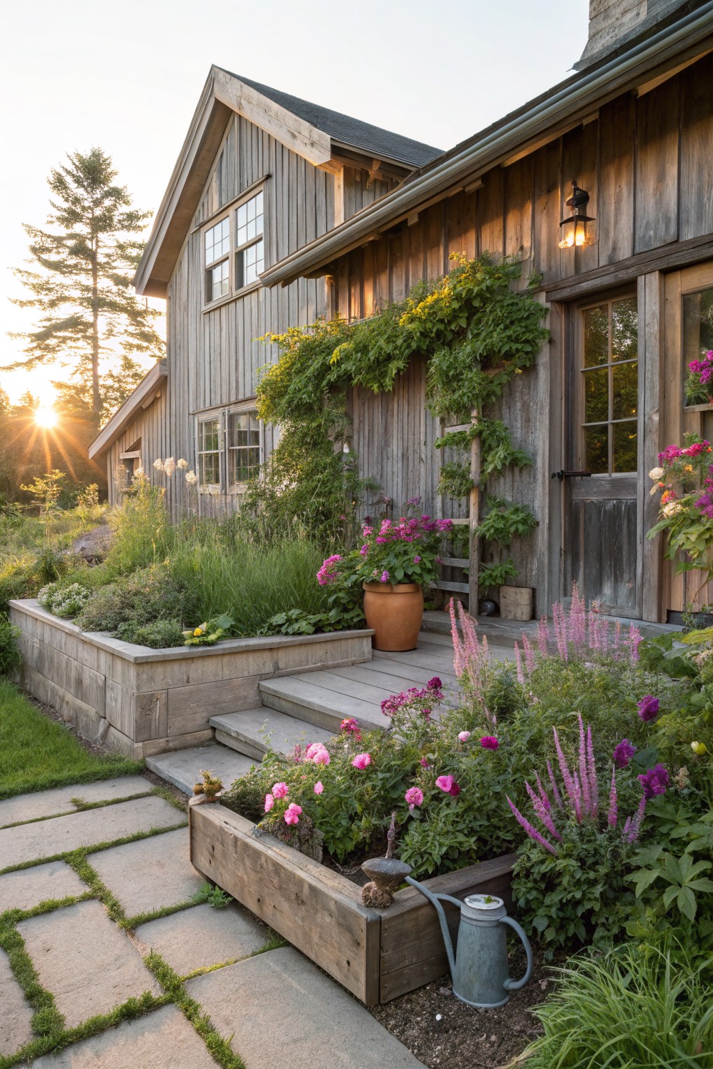 Rustic gray wooden house with vine-covered siding and a porch, flanked by raised stone and wooden garden beds filled with pink astilbe and other flowers along gray stone steps and path, with a watering can in a planter.