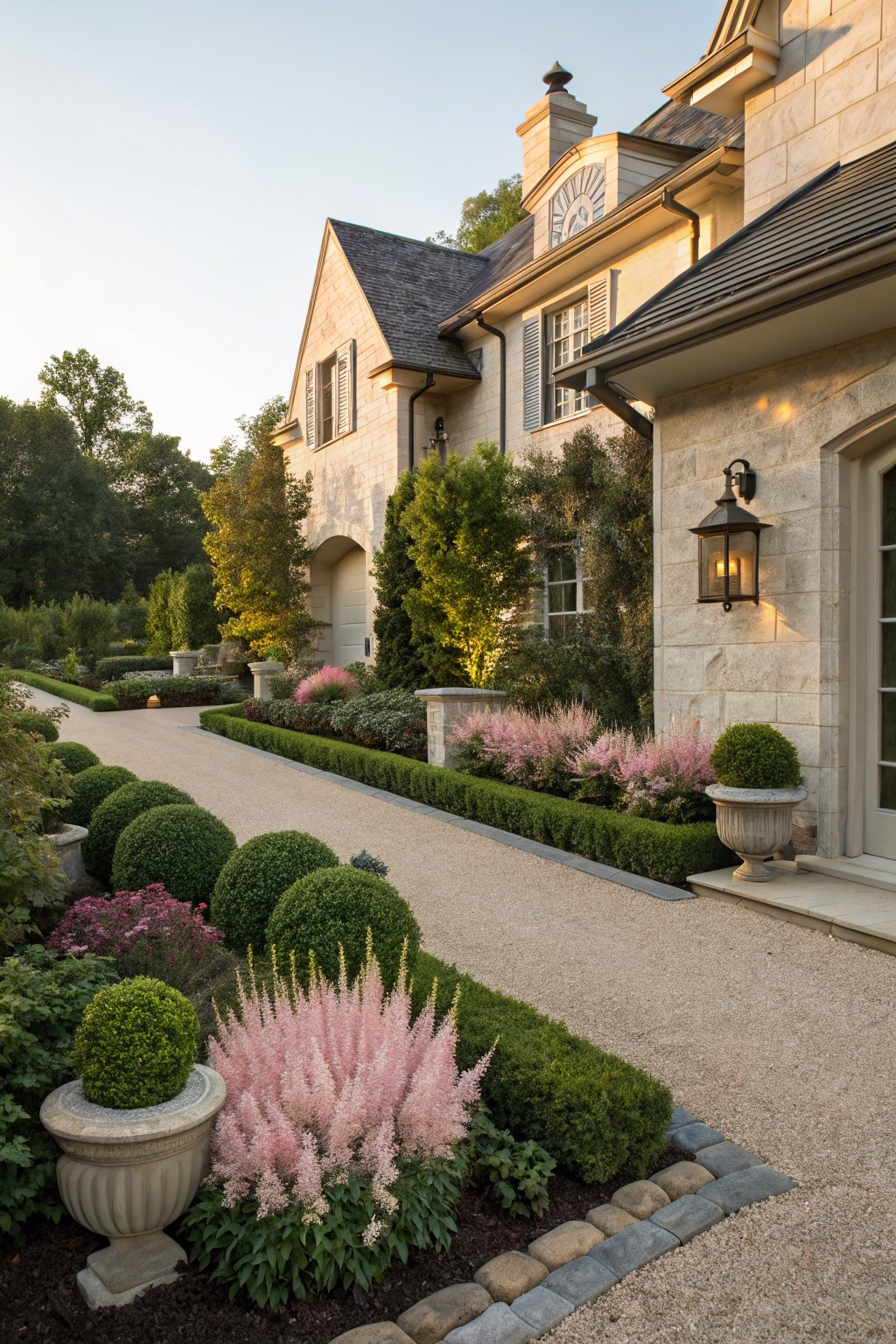 Stone house facade beside a gravel driveway edged with landscaping beds of pink astilbe, boxwood spheres in urns, and low hedges bordered by stone and gravel.
