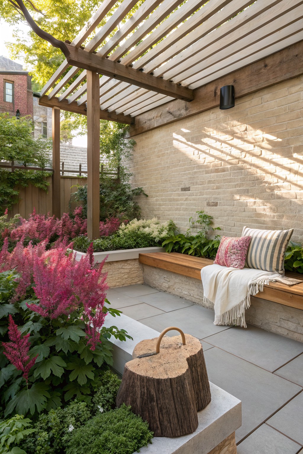 Wooden bench with cushions and throw blanket built into a low brick wall in a paved courtyard garden, surrounded by dense pink astilbe plantings and a tree stump stool, under a slatted pergola against a brick wall.
