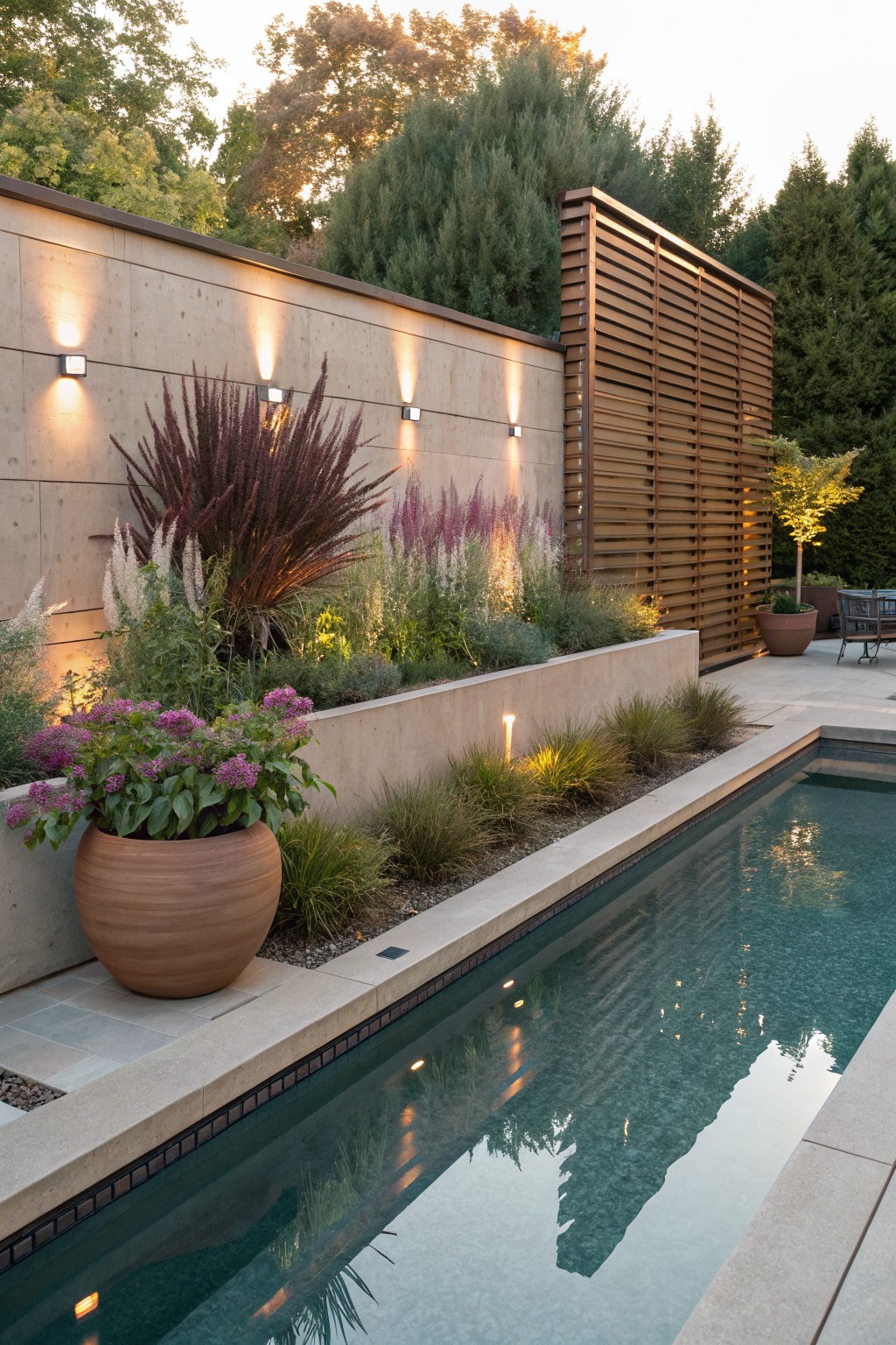 Narrow in-ground pool with raised stone beds along one edge planted with pink astilbe flowers, ornamental grasses, and other perennials, plus a large terracotta pot of astilbe nearby, wooden slat screen fence, and wall lights in the evening light.