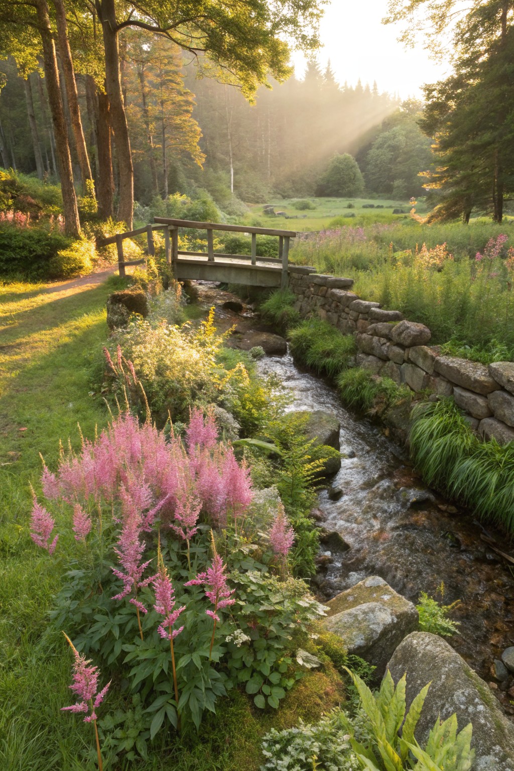 Wooden footbridge over a narrow stream with pink astilbe flowers along mossy stone walls, surrounded by green ferns, grasses, and trees in a sunlit forest garden.