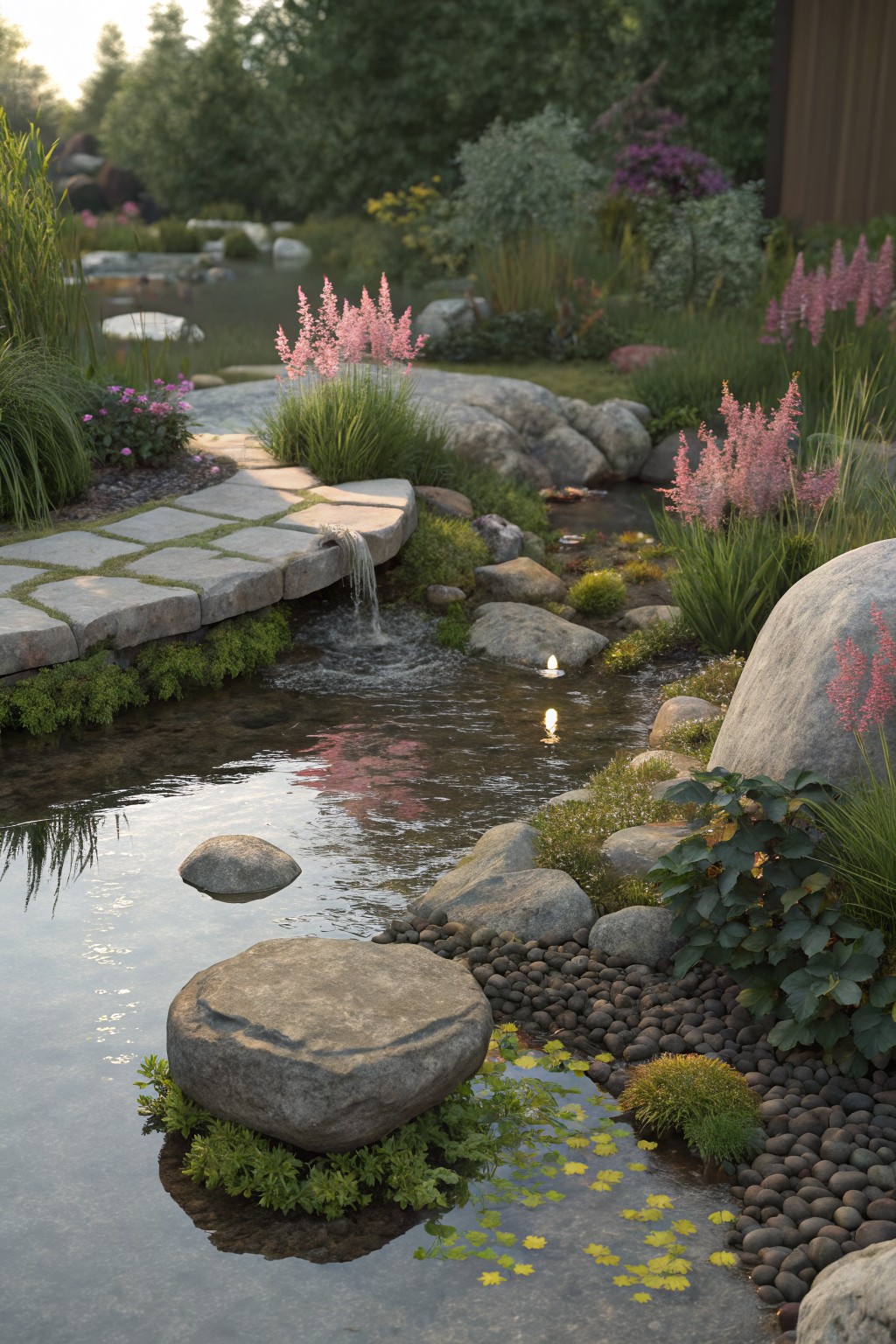 A stone slab path winds alongside a shallow stream with a small waterfall, bordered by large boulders, pink astilbe flowers, grasses, and pebbles in a lush garden.