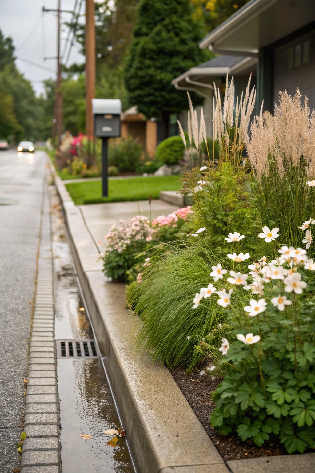 Landscaped strip along a concrete curb and sidewalk with clusters of white and pink flowers, tall ornamental grasses, and green shrubs next to a house exterior on a rainy street.