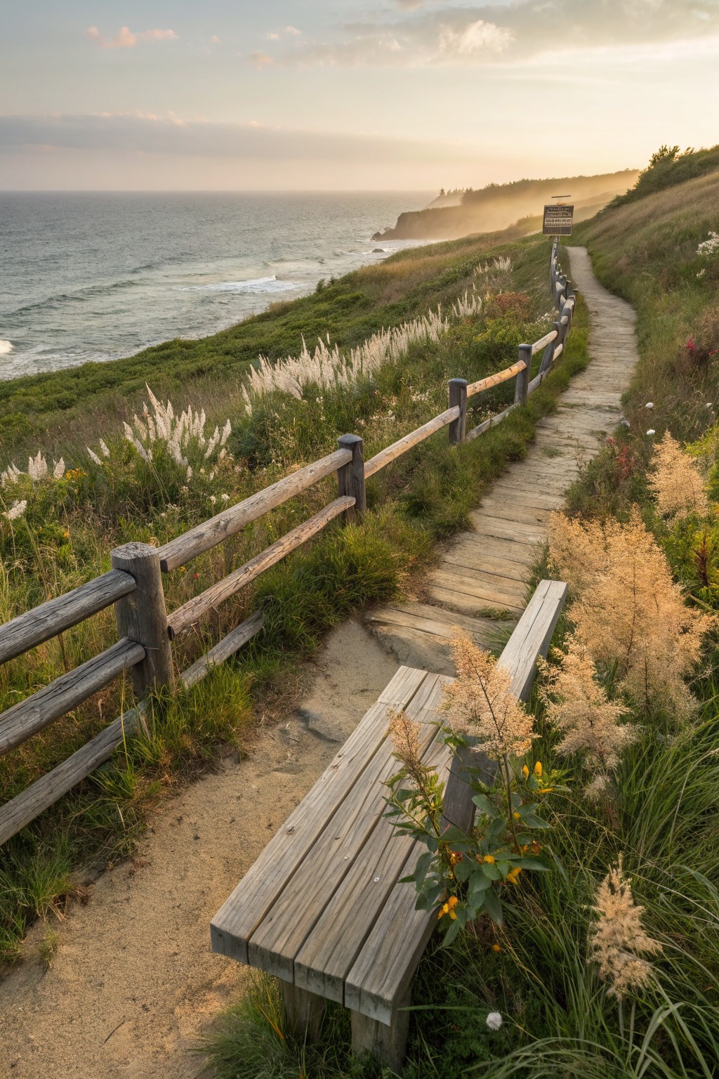 A wooden boardwalk path with railings winds along a grassy coastal bluff overlooking the ocean, bordered by tall feathery grasses and including a bench.