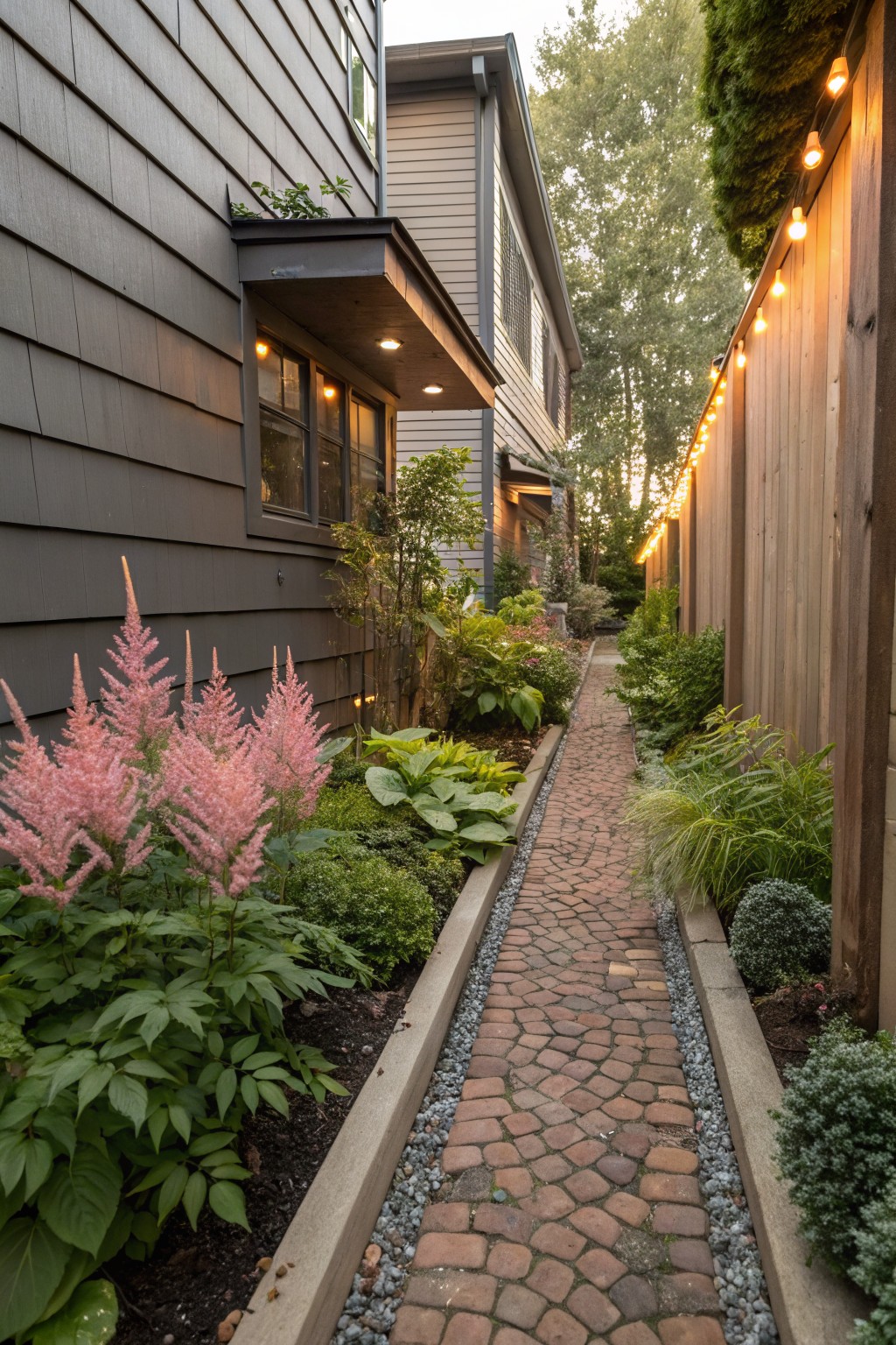 Narrow brick pathway running between a dark gray house exterior and a wooden fence, edged with pink astilbe flowers, hostas, ferns, and other low plants, with gravel borders and string lights along the fence.