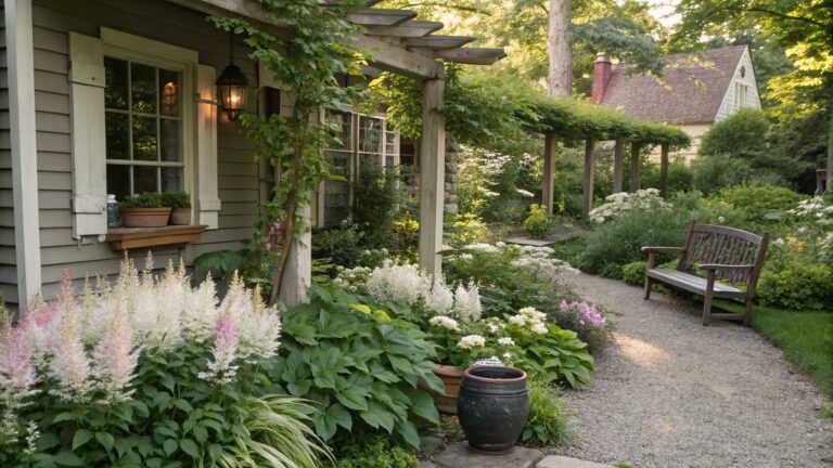Wooden pergola covered in vines arches over a gray wooden bench and irregular stone path edged with white astilbe flowers, green plants, and a hanging lantern on a wooden fence in a garden.