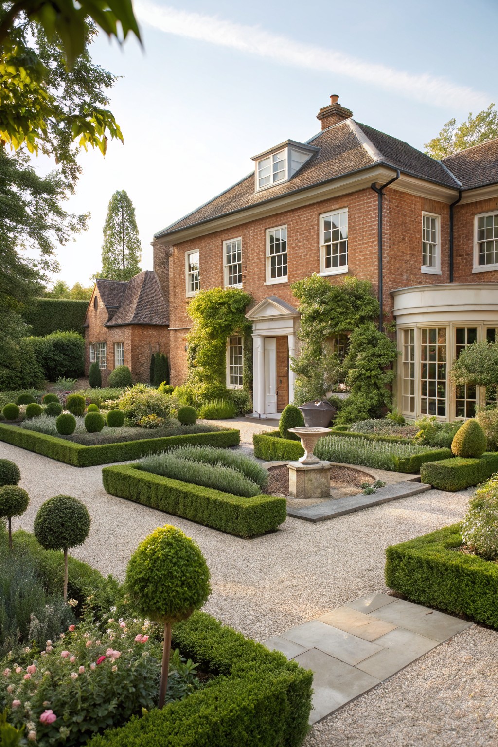 Brick house with Georgian-style facade and curved bay window, fronted by formal parterre garden of boxwood hedges, topiary spheres, gravel paths, stone fountain, and flower beds.