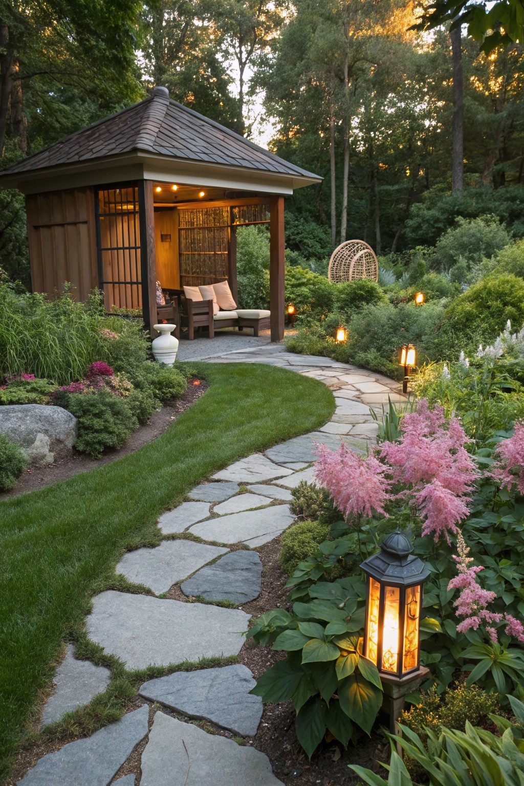 Winding flagstone path edged with pink astilbe flowers, green plants, and lanterns leads through a lawn and garden beds to a wooden gazebo in a wooded setting.
