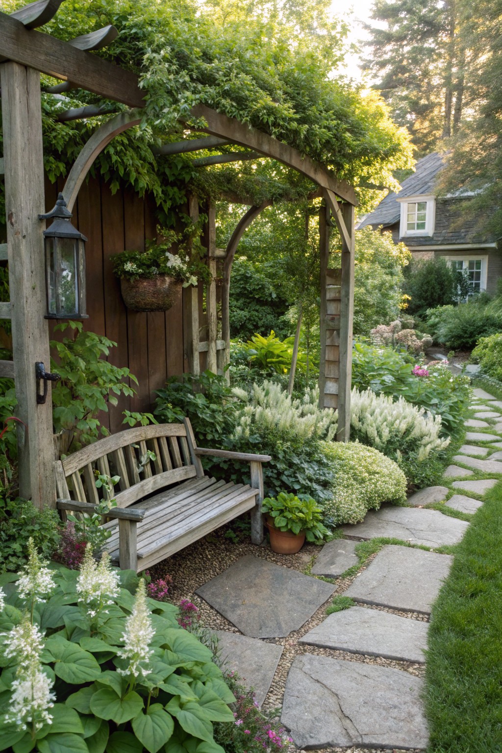 Wooden pergola covered in vines arches over a gray wooden bench and irregular stone path edged with white astilbe flowers, green plants, and a hanging lantern on a wooden fence in a garden.
