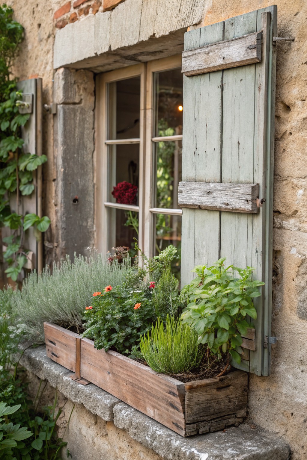 Rustic stone house wall with a double window, open green shutters, wooden window box overflowing with lavender, marigolds, basil, and other herbs on the sill, ivy climbing nearby.