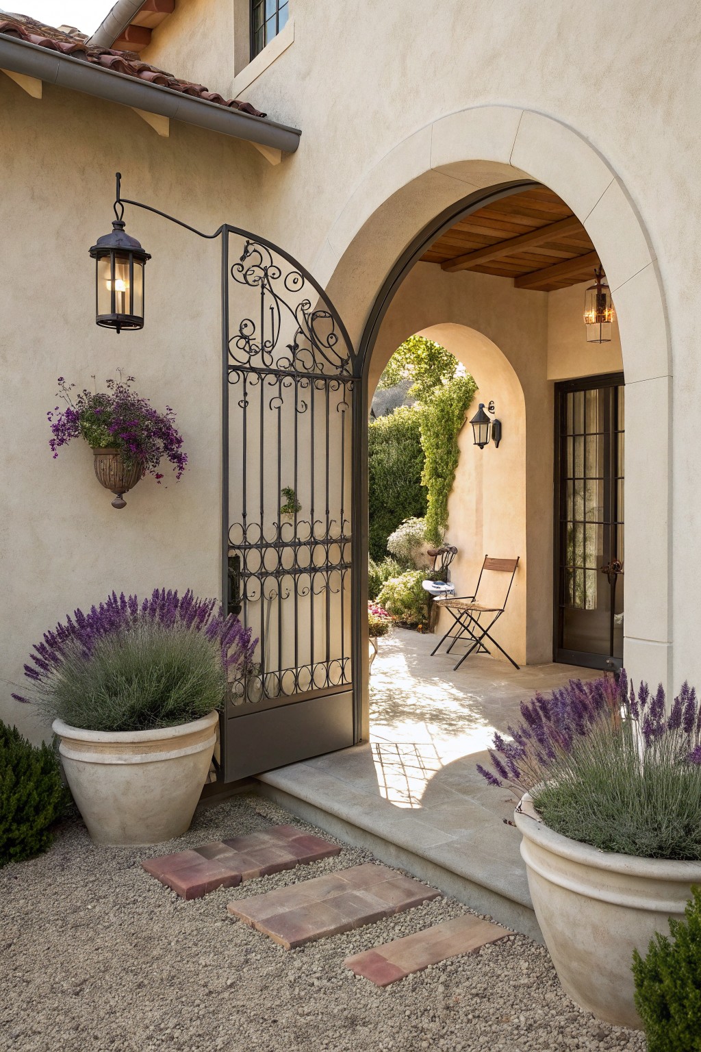 Arched wrought iron gate in beige stucco wall leading to garden, flanked by large terracotta pots of lavender plants, with gravel path, hanging lantern, and chairs on patio.