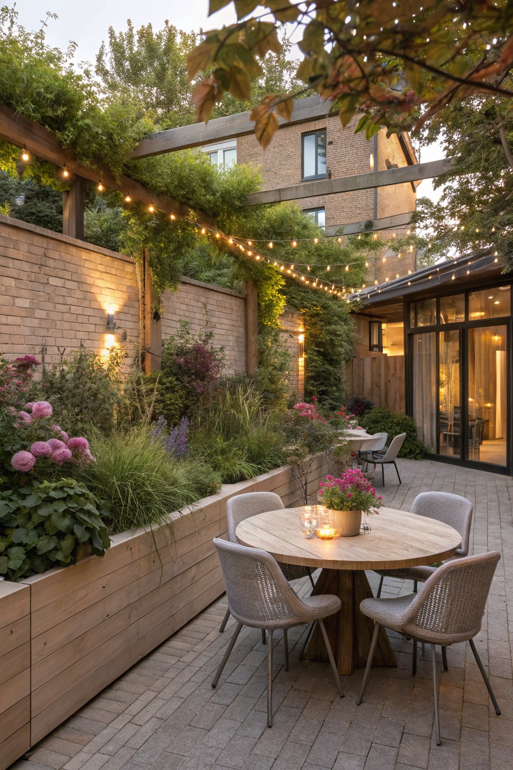Outdoor patio dining setup with round wooden table, woven chairs, candles, and potted plant centerpiece, surrounded by raised wooden planting beds with pink Astilbe flowers, ornamental grasses, shrubs, under vine-covered pergola with string lights, brick wall, and glass doors to house interior.