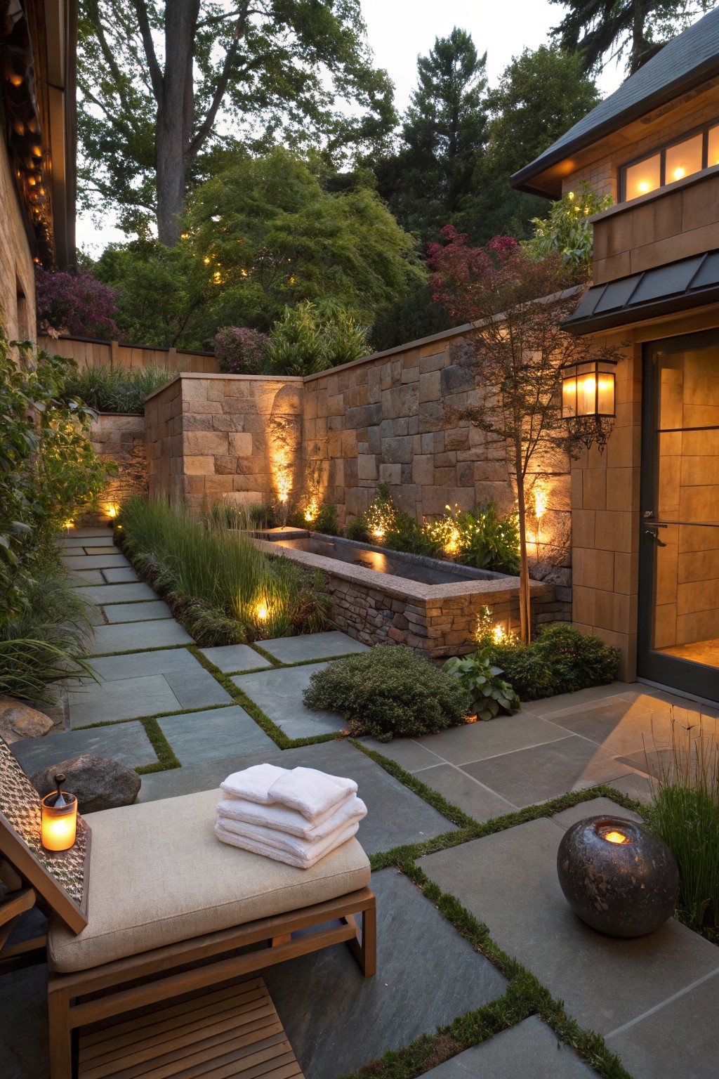Bluestone slab pathway in a garden lined with tall ornamental grasses and low plants, featuring uplights, a linear stone water feature, stone walls, a lounge chair with towels and lanterns, and a nearby house door.