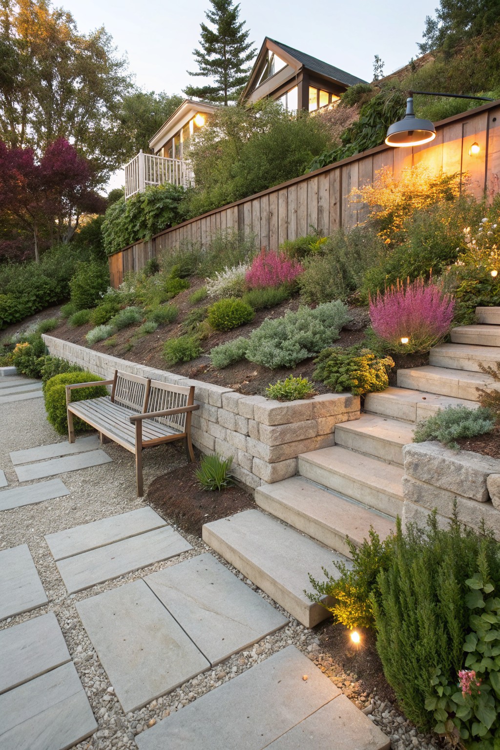 Hillside landscaping with stone retaining walls, terraced plant beds featuring pink Astilbe and shrubs, wooden bench beside gravel path and stone steps leading upward toward houses and trees at dusk.