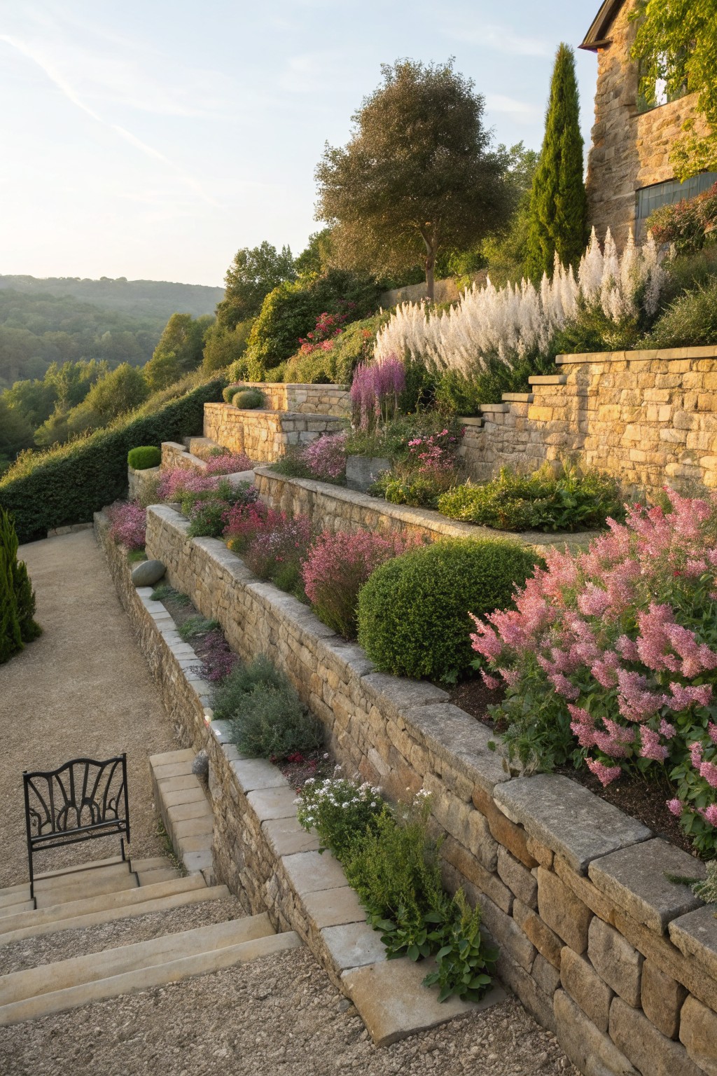 Stone retaining walls terraced down a hillside garden, planted with pink Astilbe flowers, white perennials, green shrubs, and grasses, next to a gravel path, steps, and black metal bench, with trees and a stone house in the background.