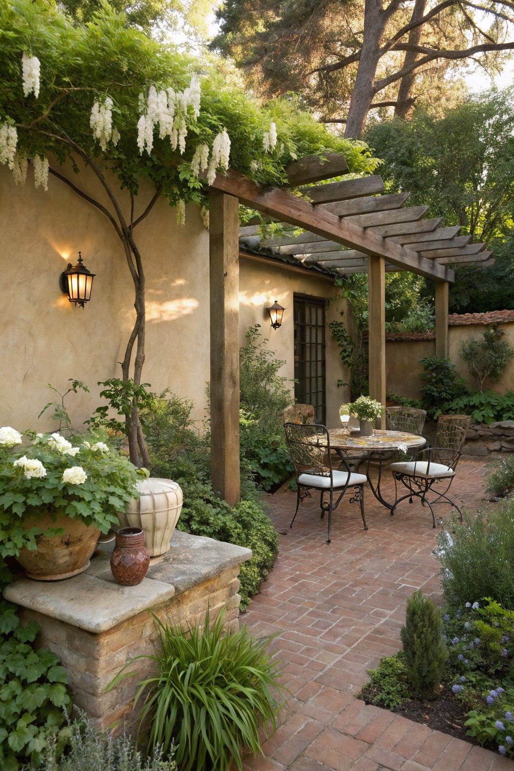 Cozy outdoor courtyard patio featuring a wooden pergola covered in blooming white wisteria, a small round metal table with four chairs, potted plants, wall lanterns, and brick paving path next to a stucco house wall.