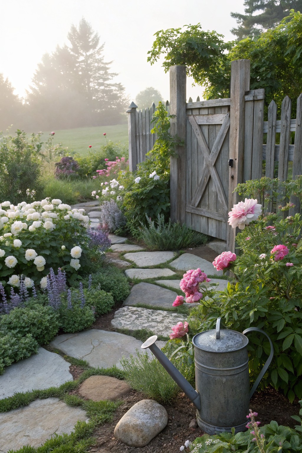 Garden path of irregular flat stones winding through flower beds with white and pink peonies, lavender, salvia, and other plants, large boulders placed at edges near a watering can, wooden picket gate ahead, misty morning light, trees in background